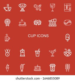 Editable 22 cup icons for web and mobile. Set of cup included icons line Tea, Trophy, Measuring spoons, Drink, Cereal, Medal, Toast, Podium, Coffee bean, Mug on red background