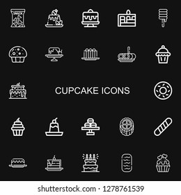 Editable 22 cupcake icons for web and mobile. Set of cupcake included icons line Snack, Pudding, Cake, Sweet, Muffin, Roll cake, Bagel, Cupcake, Macaron, Baguette on black background