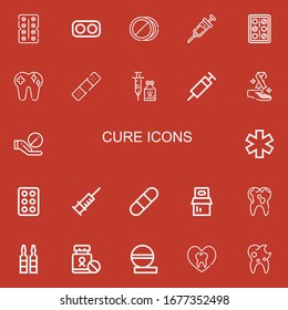 Editable 22 cure icons for web and mobile. Set of cure included icons line Antibiotic, Drugs, Pills, Vaccine, Tooth, Bandage, Syringe, Cancer, Pill, Medicine on red background