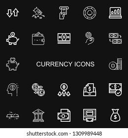 Editable 22 currency icons for web and mobile. Set of currency included icons line Transfer, Riches, Atm, Casino chip, Profits, Piggy bank, Wallet, Money, Exchange on black background