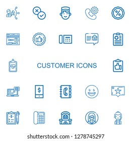 Editable 22 customer icons for web and mobile. Set of customer included icons line Coordination, Rate, Concierge, Phone, Discount, Support, Evaluate, Telephone on white background