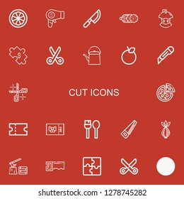 Editable 22 cut icons for web and mobile. Set of cut included icons line Orange, Hairdryer, Knife, Salami, Bitten apple, Puzzle, Scissors, Teapot, Cutter, Pizza on red background