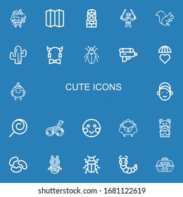 Editable 22 adorables iconos para web y móvil. Conjunto de adorables iconos incluidos línea Unicorn, pantalla plegable, Nerd, Ninja, Squirrel, Cactus, Devil, escarabajo, cañón de agua sobre fondo azul
