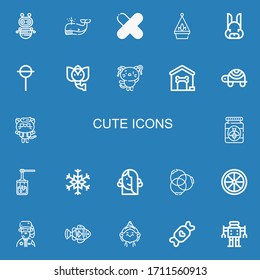 Editable 22 cute icons for web and mobile. Set of cute included icons line Robot, Whale, Patch, Hanging pot, Rabbit, Lollipop, Elephant, Kitty, Dog house, Turtle on blue background