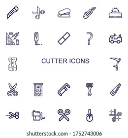 Editable 22 cutter icons for web and mobile. Set of cutter included icons line Cutter, Scissors, Staple, Saw, Stationery, Rubber, Scythe, Mower, Sharpener on white background