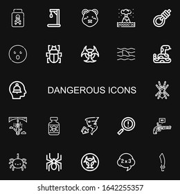 Editable 22 dangerous icons for web and mobile. Set of dangerous included icons line Poison, Gallow, Polar bear, Eruption, Gallows, Shocked, Fleas, Biohazard on black background