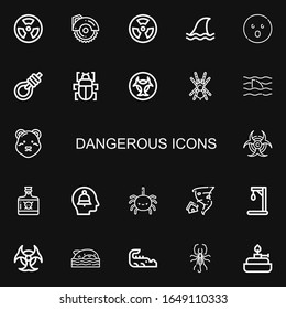 Editable 22 dangerous icons for web and mobile. Set of dangerous line icons including: Radioactive, Circular saw, Shark, Shocked, Gallows, Fleas, Biohazard, Tarantula on black background