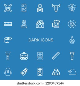 Editable 22 dark icons for web and mobile. Set of dark included icons line Skull, Chocolate, Chocolate bar, Zombie, Cave, Dark beer, Flashlight, Pumpkin, Ghost on blue background