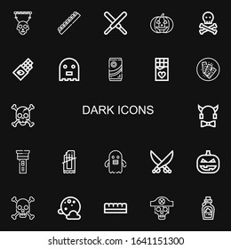 Editable 22 dark icons for web and mobile. Set of dark included icons line Skull, Chocolate, Pumpkin, Ghost, Chocolate bar, Devil, Flashlight, Saber, Full moon on black background
