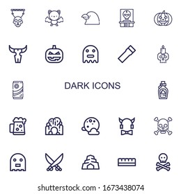 Editable 22 dark icons for web and mobile. Set of dark included icons line Skull, Bat, Raven, Pumpkin, Ghost, Flashlight, Chocolate, Dark beer, Cave, Full moon on white background