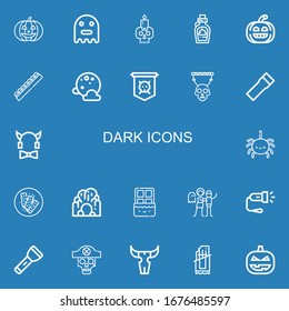 Editable 22 dark icons for web and mobile. Set of dark included icons line Pumpkin, Ghost, Skull, Chocolate, Full moon, Jolly roger, Flashlight, Devil, Spider on blue background