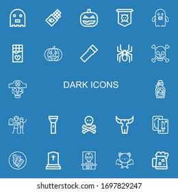 Editable 22 dark icons for web and mobile. Set of dark included icons line Ghost, Chocolate, Pumpkin, Jolly roger, Flashlight, Spider, Skull, Haunted house on blue background