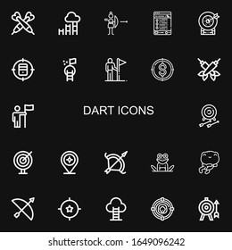 Editable 22 dart icons for web and mobile. Set of dart included icons line Darts, Goal, Archery, Tracking, Target, Goals, Frog on black background