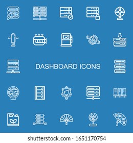 Editable 22 dashboard icons for web and mobile. Set of dashboard included icons line Server, Fan, Engine, Gas pump, Servers, Gasoline on blue background