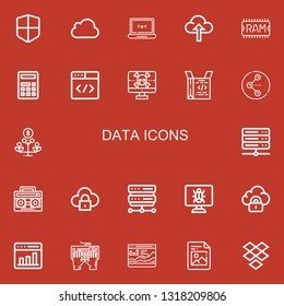 Editable 22 data icons for web and mobile. Set of data included icons line Firewall, Icloud, Laptop, Upload, Ram, Calculator, Browser, Spyware, Coding, Share on red background