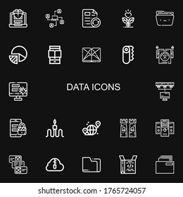 Editable 22 data icons for web and mobile. Set of data included icons line Laptop, Network, File, Growth, Folder, Pie chart, Ereader, Section, Paper, Wifi on black background