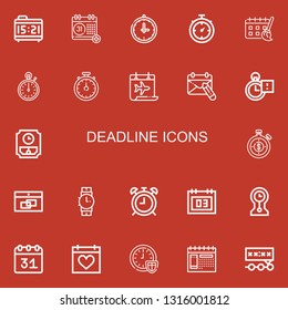 Editable 22 deadline icons for web and mobile. Set of deadline included icons line Alarm clock, Calendar, Clock, Stopwatch, Schedule, Stopclock, Wall clock, Wristwatch on red background
