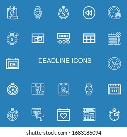 Editable 22 deadline icons for web and mobile. Set of deadline included icons line Calendar, Watch, Stopwatch, Backward, Time, Deadline, Clock, Stopclock, Wristwatch on blue background