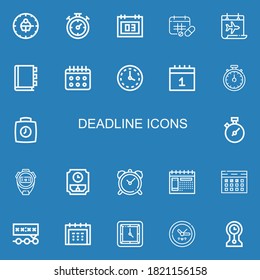 Editable 22 deadline icons for web and mobile. Set of deadline included icons line Clock, Chronometer, Calendar, Schedule, Appointment book, Wall clock, Stopwatch on blue background