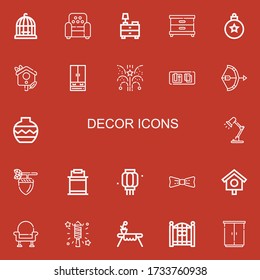 Editable 22 decor icons for web and mobile. Set of decor included icons line Bird cage, Armchair, Nightstand, Bauble, Bird house, Closet, Fireworks, Table, Bow on red background