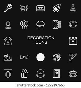 Editable 22 decoration icons for web and mobile. Set of decoration included icons line Lollipop, Garlands, Bench, Fire, Hanging pot, Miss world, Balloons, Snow on black background