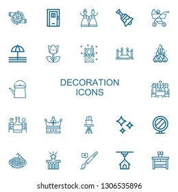 Editable 22 decoration icons for web and mobile. Set of decoration included icons line Engine, Door, Wedding, Bell, Baby carriage, Tulip, Seal, Red carpet on white background
