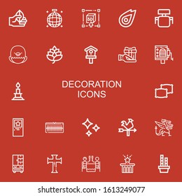 Editable 22 decoration icons for web and mobile. Set of decoration included icons line Leaf, Mirror ball, d, Fire, Desk chair, Eagle, Hop, Birdhouse, Gift, Barrel organ on red background
