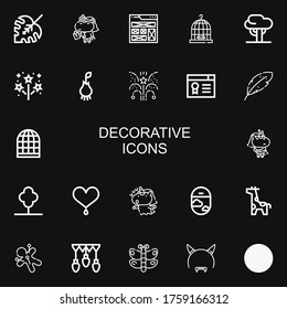 Editable 22 decorative icons for web and mobile. Set of decorative included icons line Monstera leaf, Unicorn, Frame, Cage, Tree, Firework, Root, Fireworks on black background