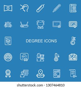 Editable 22 degree icons for web and mobile. Set of degree included icons line Panorama, Virtual reality, Thermometer, Certificate, Graduation cap, Vr, Student on blue background
