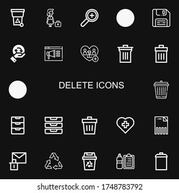 Editable 22 delete icons for web and mobile. Set of delete included icons line Trash, Dismissed, Add, Recycling, Diskette, Notification, Bin, Garbage, Inbox on black background