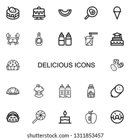 Editable 22 delicious icons for web and mobile. Set of delicious included icons line Pancake, Cake, Melon, Fried egg, Ice cream, Crab, Syrup, Sauces, Noodles on white background
