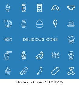 Editable 22 delicious icons for web and mobile. Set of delicious included icons line Ice cream, Candy, Chocolate, Croissant, Watermelon, Pastry, Profiterole on blue background