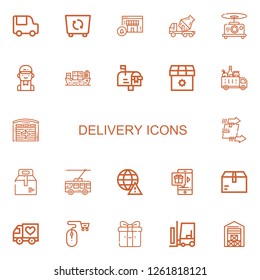 Editable 22 delivery icons for web and mobile. Set of delivery included icons line Food truck, Container, Online shopping, Cement truck, Drone, Delivery man on white background