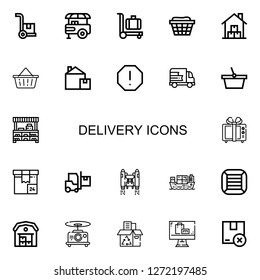 Editable 22 delivery icons for web and mobile. Set of delivery included icons line Cargo, Food stand, Trolley, Basket, Warehouse, Box, Spam, Delivery, Store on white background