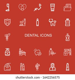 Editable 22 dental icons for web and mobile. Set of dental included icons line Prothesis, Tooth, Brace, Ointment, Veterinarian, Toothpaste, Medical insurance on red background