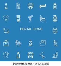 Editable 22 iconos dentales para web y móvil. Conjunto de iconos de línea dental que incluyen: Pasta dental, dental, gel, diente, pomada, dentista, veterinario, flote sobre fondo azul