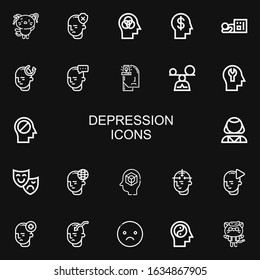 Editable 22 depression icons for web and mobile. Set of depression included icons line Kitty, Mind, Homeless, Anxiety, Mindfulness, Psychologist, Theatre mask on black background