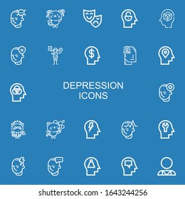 Editable 22 depression icons for web and mobile. Set of depression included icons line Mind, Kitty, Theatre mask, Acting, Anxiety, Psychologist on blue background