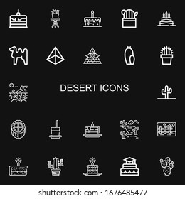 Editable 22 desert icons for web and mobile. Set of desert included icons line Cake, Cactus, Birthday cake, Camel, Pyramid, Desert, Frozen yogurt, Landscape on black background