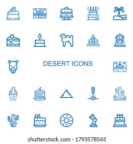Editable 22 desert icons for web and mobile. Set of desert included icons line Cake, Landscape, Oasis, Camel, Pyramid, Sphinx, Frozen yogurt, Cactus, Bagel on white background