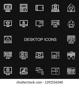 Editable 22 desktop icons for web and mobile. Set of desktop included icons line Computer, Old computer, Tablet, Laptop, Monitor, Screen, Keyboard, Devices on black background