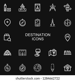 Editable 22 destination icons for web and mobile. Set of destination included icons line Marker, Compass, Gps, Direction, Localize, Location, Lotus temple on black background