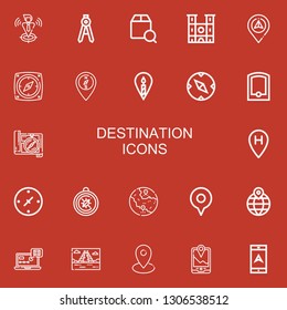 Editable 22 destination icons for web and mobile. Set of destination included icons line Locate, Compass, Localize, Notre dame, Navigation, Location, Gps, Cardinal points on red background