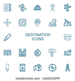 Bearbeitbare 22 Destination Icons für Web und Mobile. Zielset inbegriffen Symbole Zeile Reiseführer, Richtung, Lotus-Tempel, Pins, Wegweiser, Position, Kompass auf weißem Hintergrund