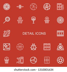 Editable 22 detail icons for web and mobile. Set of detail included icons line Wheel, Basketball, Lockers, Zoom out, Ladybird, Zoom, Locker on red background