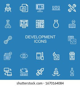 Editable 22 development icons for web and mobile. Set of development included icons line Flask, Js, Design, Tube, Configuration, Typography, Domain, Coding on blue background