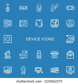 Editable 22 device icons for web and mobile. Set of device included icons line Controller, Joystick, Call center, Gamepad, Responsive, Floppy disk, Headset on blue background