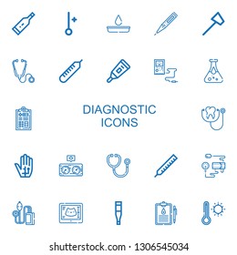 Editable 22 diagnostic icons for web and mobile. Set of diagnostic included icons line Thermometer, Blood test, Reflex hammer, Stethoscope, Medical history on white background