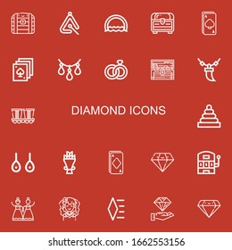 Editable 22 diamond icons for web and mobile. Set of diamond included icons line Chest, Triangle, Ring, Ace, Poker, Necklace, Wedding rings, Treasure, Mine, Rings on red background