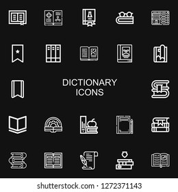 Editable 22 dictionary icons for web and mobile. Set of dictionary included icons line Book, Science book, Booking, Bookmark, Books, Magazine, Literature on black background